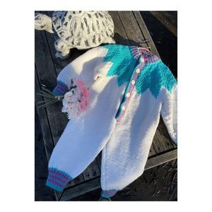 Vintage 80s Hand Knit Romper Sleeper White Purple Turquoise